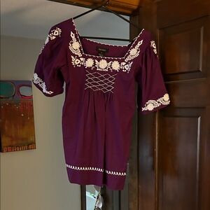 Karen Kane Purple Blouse with White Embroidery